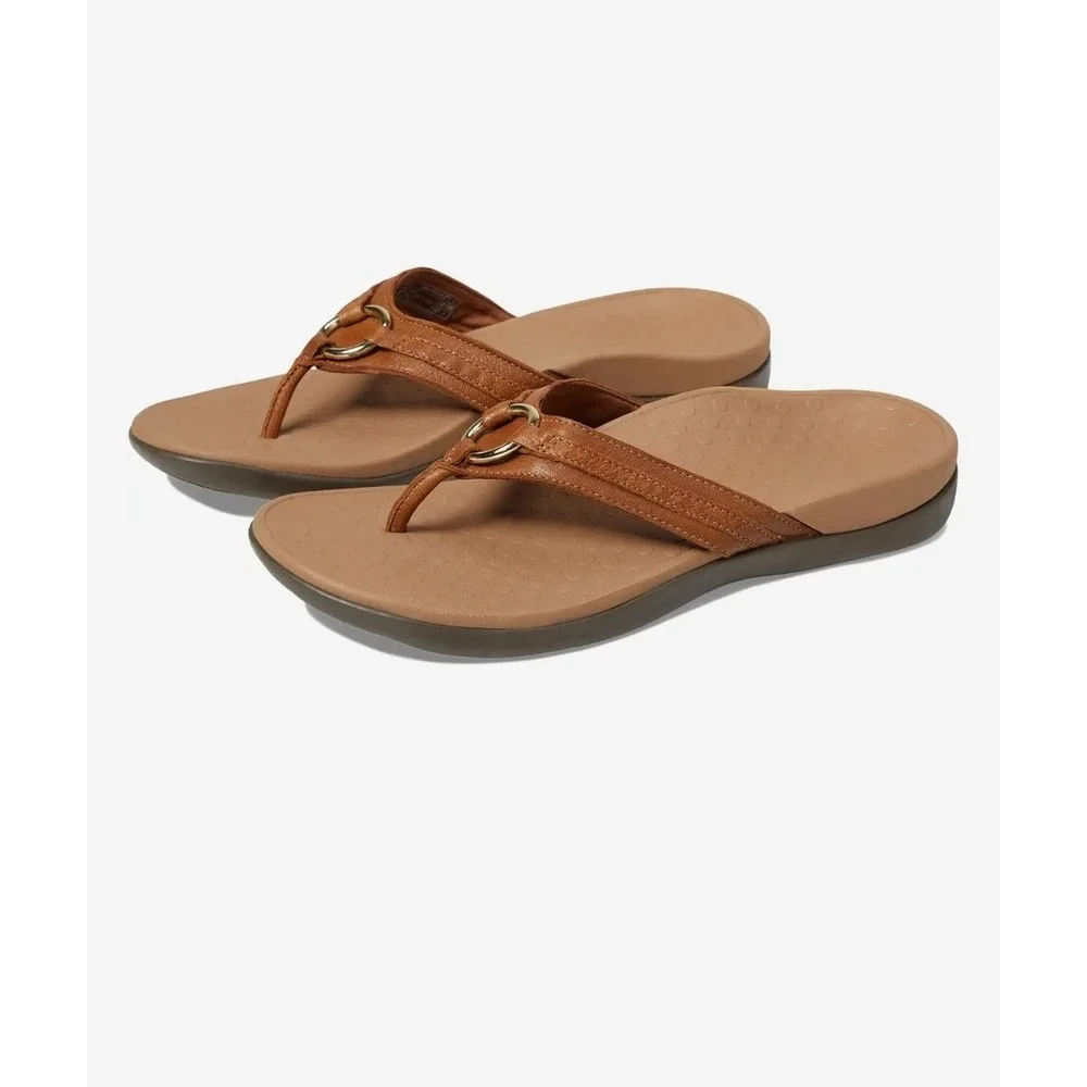 Vionic Aloe Thong Sandals Tan Leather Gold‎ Ring Orthopedic Size 11